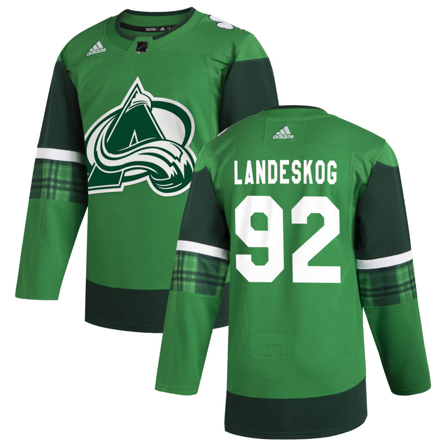 Colorado Avalanche 92 Gabriel Landeskog Men Adidas 2020 St. Patrick Day Stitched NHL Jersey Green